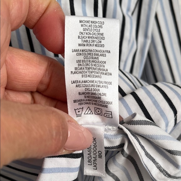 KARL LAGERFIELD Black and White Blue Striped Ruffle Button Down Shirt, Size M - Picture 7 of 10